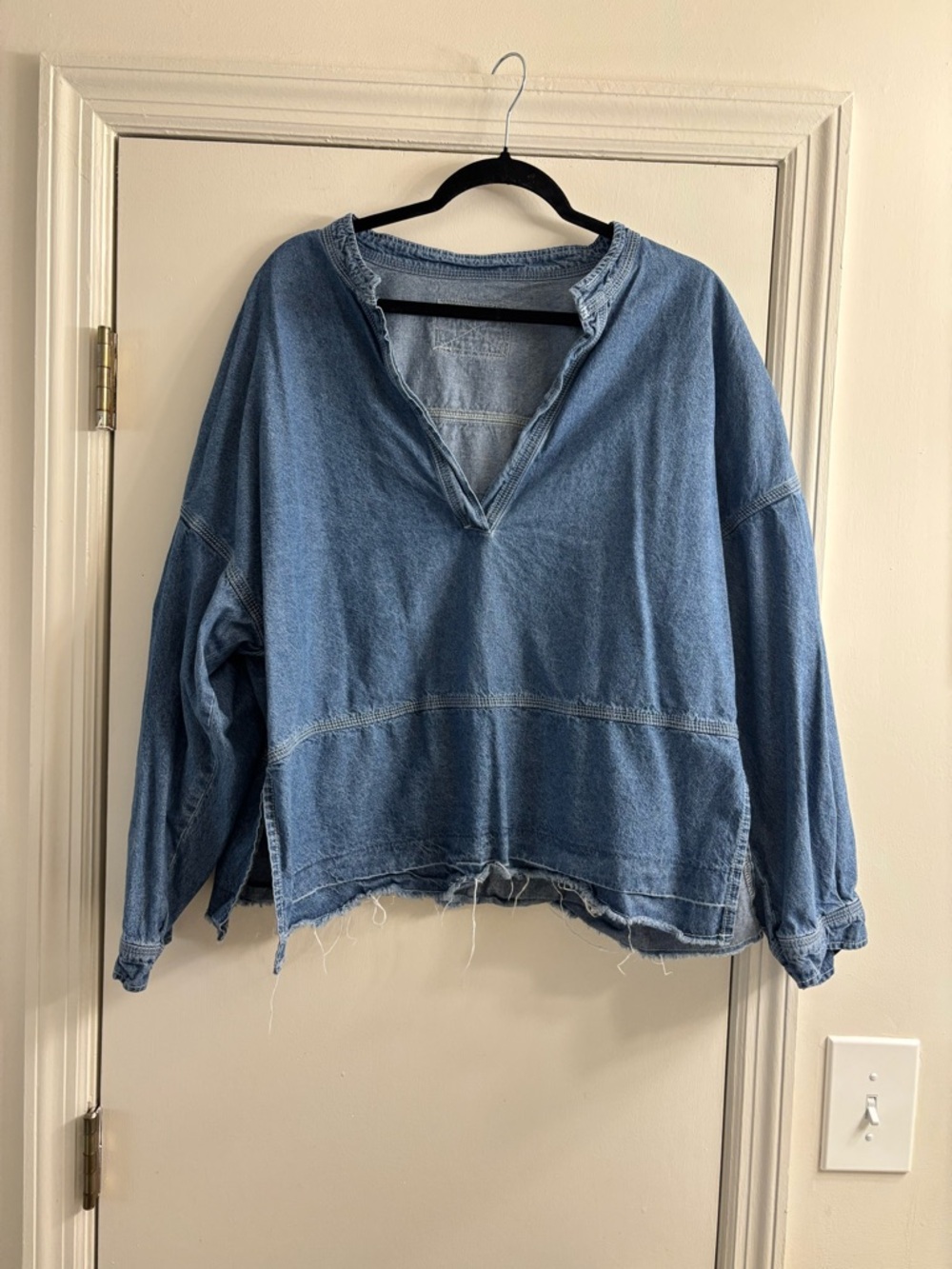 Washed Blue Denim V-Neck Blouse